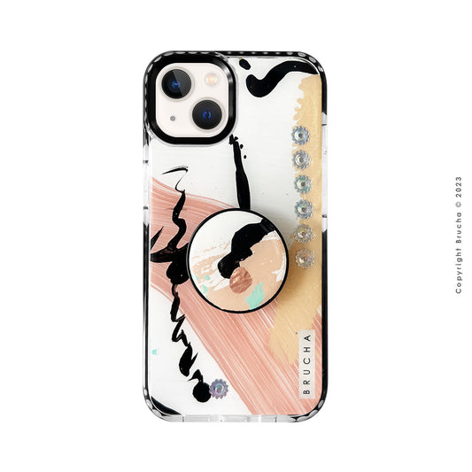 Set de funda ultra protectora, holder match y mica vidrio templado, pintada a mano con brillos Edición Limitada para iPhone 13 - Gibson