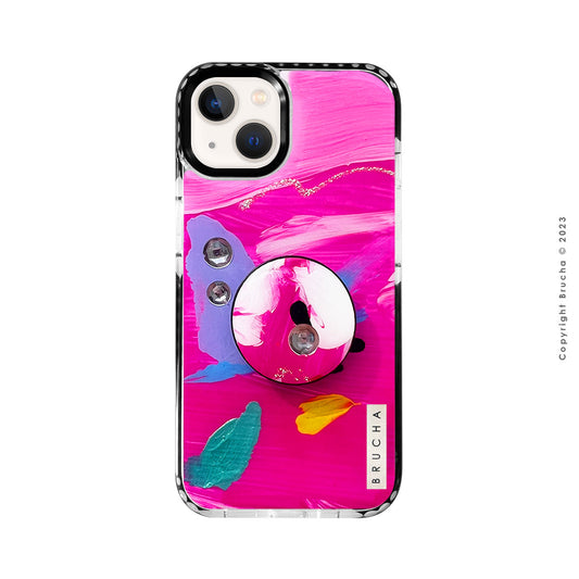 Set de funda ultra protectora, holder match y mica vidrio templado, pintada a mano con brillos Edición Limitada para iPhone 13 - Mills