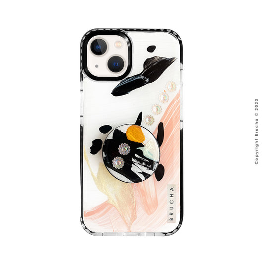 Set de funda ultra protectora, holder match y mica vidrio templado, pintada a mano con brillos Edición Limitada para iPhone 13 - Kelly