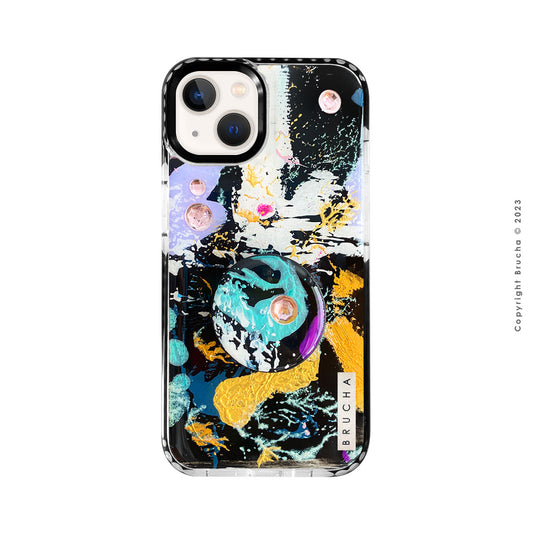 Set de funda ultra protectora, holder match y mica vidrio templado, pintada a mano con brillos Edición Limitada para iPhone 13 - Tónel