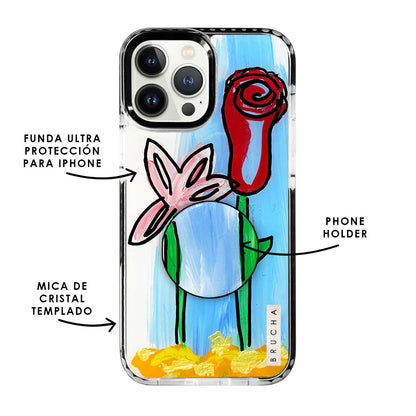 Set de funda ultra resistente, holder match y mica, pintada a mano para iPhone -  Flowers