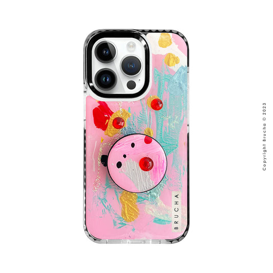 Set de funda ultra protectora, holder match y mica vidrio templado, pintada a mano con brillos Edición Limitada Rosa para iPhone 14 Pro - Aria