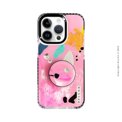 Set de funda ultra protectora, holder match y mica vidrio templado, pintada a mano con brillos Edición Limitada Rosa para iPhone 14 Pro - Noa