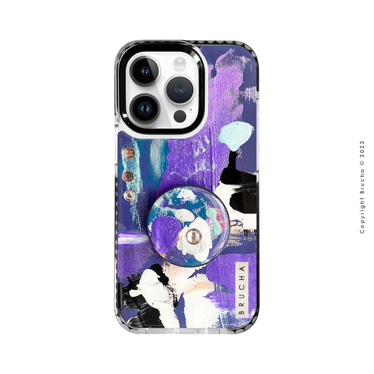 Set de funda ultra protectora, holder match y mica vidrio templado, pintada a mano con brillos Edición Limitada para iPhone 14 Pro - Kits