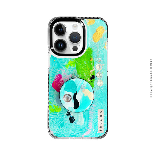 Set de funda ultra protectora, holder match y mica vidrio templado, pintada a mano con brillos Edición Limitada para iPhone 14 Pro - Clapo