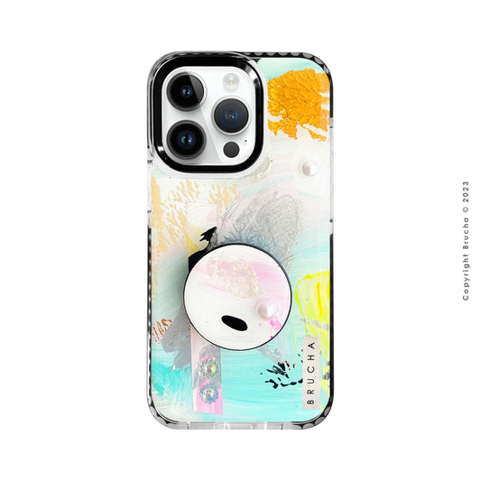 Set de funda ultra protectora, holder match y mica vidrio templado, pintada a mano con brillos para iPhone 14 Pro - Trina