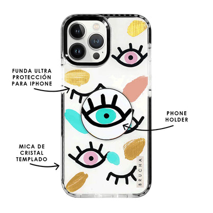 Set de funda ultra resistente, holder match y mica, pintada a mano para iPhone -  I See You