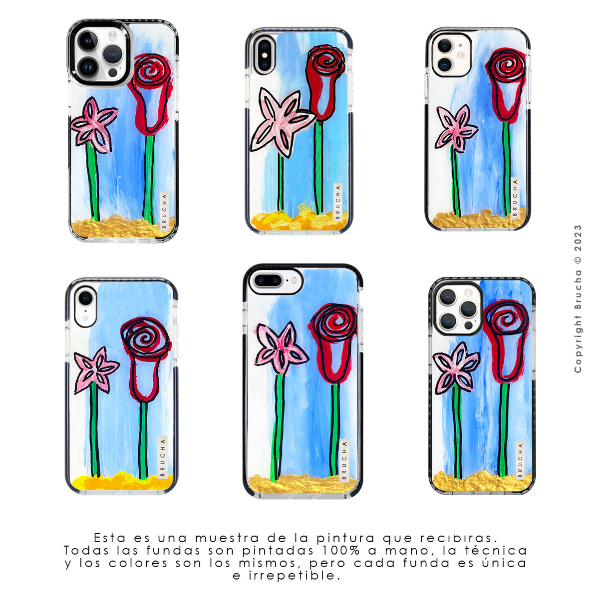 Set de funda ultra resistente, holder match y mica, pintada a mano para iPhone -  Flowers