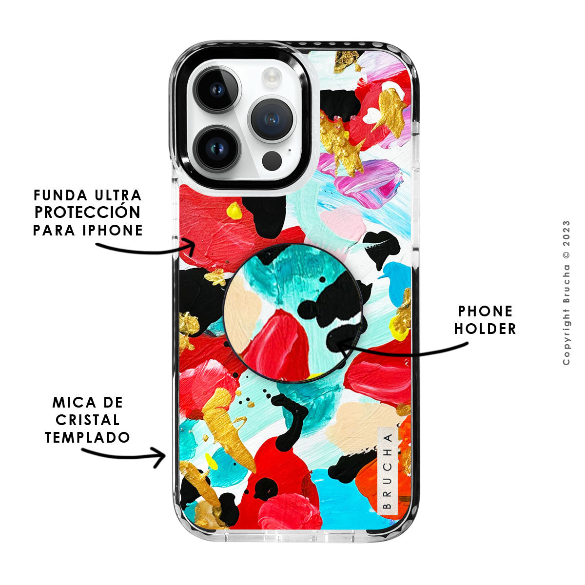 Set de funda ultra resistente, holder match y mica, pintada a mano para iPhone -  Coral