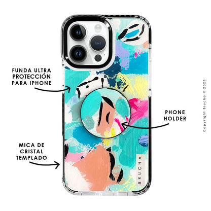 Set de funda ultra resistente, holder match y mica, pintada a mano para iPhone -  Laila